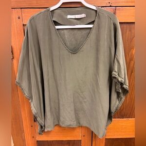 Marie Oliver Olive Silk Batwing Flutter Sleeve V-Neck Blouse XS
